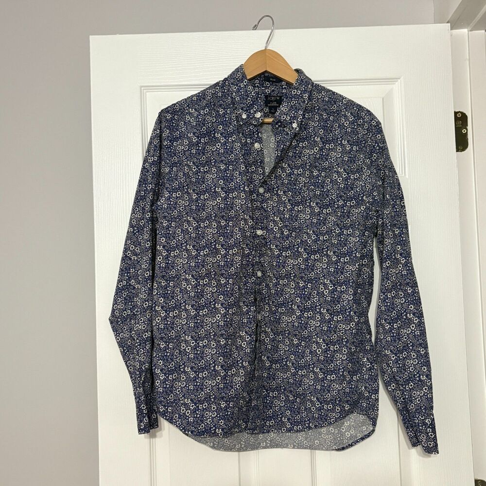 J Crew Long Sleeve Shirt Mens L Blue Floral Flex Washed Slim Fit Button Down